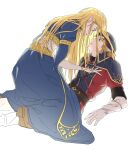  1boy 1girl assertive_female beret blonde_hair blue_dress blue_eyes blue_hat blue_tabard bridal_gauntlets brown_shoes commentary_request dress girl_on_top gloves gold_trim hand_on_another's_chest hat hetero highres korean_commentary layered_sleeves link long_dress long_hair looking_at_another low_ponytail medium_hair military_hat military_uniform mulsu_ww official_alternate_costume pants parted_bangs parted_lips pointy_ears ponytail princess_zelda royal_guard_set_(zelda) shoes tabard the_legend_of_zelda the_legend_of_zelda:_breath_of_the_wild tiara white_background white_gloves white_pants 