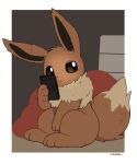 2026 ambiguous_gender border brown_body brown_eyes brown_fur cellphone digital_media_(artwork) eevee electronics feral fluffy fur generation_1_pokemon hi_res holding_cellphone holding_object holding_phone holding_smartphone inukami_hikari long_ears looking_at_viewer nintendo paws phone pokemon pokemon_(species) ruff sitting smartphone solo tail tan_body tan_fur white_border