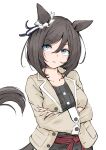  1girl absurdres animal_ears arms_under_breasts black_dress black_hair blue_eyes blue_ribbon bob_cut casual commentary_request crossed_arms dress ear_ornament ear_ribbon ear_scrunchie eishin_flash_(casual)_(umamusume) eishin_flash_(umamusume) facing_viewer grey_jacket hair_between_eyes highres horse_ears horse_girl horse_tail jacket lapels medium_hair open_clothes open_jacket parted_lips ribbon shijimi_(sijimi1917) sideways_glance simple_background solo standing straight-on striped_ribbon swept_bangs tail umamusume unbuttoned_jacket upper_body white_background wide_sleeves 