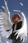  1boy 9boksen absurdres angel_devil_(chainsaw_man) angel_wings belt black_jacket black_necktie black_pants blue_background chainsaw_man closed_mouth collared_shirt cowboy_shot feathered_wings feathers floating_hair floating_neckwear halo hashtag-only_commentary highres jacket long_hair male_focus necktie open_clothes open_jacket pants red_eyes shirt shirt_tucked_in simple_background solo suit_jacket traditional_halo white_shirt white_wings wings 