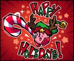  >_o artist_name black_border blush blush_stickers border bumpadump2002 candy candy_cane christmas commentary english_commentary english_text fake_antlers food foreshortening full_body glint green_hat happy_holidays hat hat_bell holding holding_candy holding_candy_cane holding_food kirby kirby_(series) no_humans one_eye_closed open_mouth outline red_background smile solo star_(symbol) white_outline 