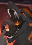 ambiguous_gender black_sclera black_tongue bodily_fluids dragon drooling fangs fur furred_dragon furred_scalie glistening glistening_eyes grey_body grey_fur grey_horn horn looking_at_viewer markings mouth_shot multicolored_eyes mythological_creature mythological_scalie mythology open_mouth orange_eyes orange_markings pupils red_eyes saliva saliva_string santanahoffman scalie sharp_teeth slit_pupils solo teeth tongue tongue_out two_tone_eyes