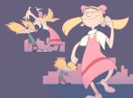  1boy 1girl arnold_shortman blonde_hair bow child commentary dress full_body hat helga_g_pataki hey_arnold! kinako_(moment) long_sleeves looking_at_viewer shirt short_hair simple_background toon_(style) twintails unibrow 