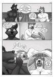 alphasabre animal_genitalia anthro armpit_tuft bedding candle canid canine canis chest_tuft comic comic_panel dialogue duo genitals greyscale hi_res humanoid hybrid male mammal mid_transformation monochrome sheath sleeping sleeping_together sleepover speech_bubble story tattoo tribal tribal_tattoo tuft wolf