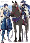  1boy 1girl ameno_(a_meno0) armor blue_eyes blue_gloves blue_hair blue_pants blue_shirt brand_of_the_exalt chrom_(fire_emblem) chrom_(ninja)_(fire_emblem) closed_mouth commentary_request father_and_daughter fingerless_gloves fire_emblem fire_emblem_awakening fire_emblem_heroes forehead_protector fox_mask fur_trim gloves hair_between_eyes headband holding holding_reins horse horseback_riding japanese_armor japanese_clothes kunai long_hair lucina_(fire_emblem) lucina_(ninja)_(fire_emblem) mask mask_on_shoulder ninja official_alternate_costume official_alternate_hairstyle pants parted_lips ponytail reins riding sandals shawl shin_guards shirt shuriken sleeveless smile sword thighhighs weapon white_shawl white_thighhighs 