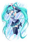  aqua_eyes aqua_hair armpits arms_up bad_id bad_pixiv_id boots detached_sleeves hatsune_miku highres long_hair necktie nonosaki simple_background skirt solo thigh_boots thighhighs twintails very_long_hair vocaloid 