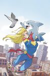  1girl bird blonde_hair blue_eyes boots building captain_marvel car carol_danvers carrying city comic_cover commentary_request creature day flying gills gloves gurihiru highres jeff_the_land_shark long_hair looking_at_creature marvel motor_vehicle official_art pigeon red_boots red_gloves red_sash road sash shark sharp_teeth signature sky street superhero_costume teeth white_sky 