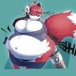 1:1 5_fingers air_inflation amber_eyes anthro belly big_belly big_breasts black_eyebrows black_nose bottomwear breasts canid canine chest_tuft clothed clothing container dipstick_tail english_text eyebrows female fingers fox fur hair heart_symbol hi_res inflation inner_ear_fluff mammal markings multicolored_body multicolored_fur panties pubes red_body red_fur red_hair shirt shorts simple_background solo standing swatchfodder tail tail_markings teal_background text topwear tuft underwear white_inner_ear_fluff white_pubes
