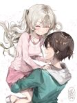  1boy 1girl breasts brown_hair carrying carrying_person charlotte_(anime) chi_no closed_eyes green_hoodie grey_hair hetero highres hood hoodie long_hair long_sleeves medium_breasts open_mouth otosaka_yuu pink_shirt pink_skirt shirt short_hair short_twintails simple_background skirt smile sparkle tomori_nao twintails white_background 