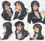  1girl ^_^ bangs black_dress black_hair blue_eyes blunt_bangs breasts cleavage closed_eyes closed_mouth cup dark-skinned_female dark_skin dress expressions from_side hands_up head_rest highres holding long_sleeves multiple_views nico_robin one_piece open_mouth petals qin_(7833198) reading simple_background smile worried 
