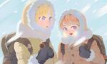  2girls backpack bag bangs black_mittens blonde_hair blue_eyes blunt_bangs bubba_(watson_amelia) down_jacket earrings ellie_niunai_zhuyi_zhe feather_earrings feathers fur-trimmed_hood fur-trimmed_jacket fur-trimmed_sleeves fur_trim hair_ornament highres holding hololive hololive_english hood jacket jewelry kotori_(takanashi_kiara) looking_to_the_side mittens monocle_hair_ornament multiple_girls open_mouth orange_hair outdoors purple_eyes radio smile snowing takanashi_kiara upper_body virtual_youtuber watson_amelia winter yellow_jacket 