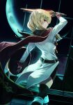  1girl belt bike_shorts blonde_hair breasts cape crescent_moon drill_hair erika_wagner formal from_behind highres holding holding_shield holding_sword holding_weapon long_hair moon night night_sky online_neet red_eyes shield simple_background sky small_breasts solo sword thighhighs twin_drills twintails under_night_in-birth weapon white_background wind wind_lift zettai_ryouiki 