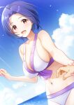  1girl :d absurdres ahoge bikini blue_hair blue_sky breasts cloud day highres holding_hands idolmaster idolmaster_(classic) large_breasts mikapoe miura_azusa navel ocean open_mouth pov red_eyes short_hair sky smile swimsuit white_bikini 