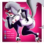  1:1 anthro anus big_butt blush breasts butt canid canid_demon claws demon ear_piercing female fluffy fluffy_tail fur genitals gesture grey_body grey_fur grey_hair hair hellhound helluva_boss hi_res loona_(helluva_boss) mammal mauricebeverle2 middle_finger multicolored_body multicolored_fur nipple_piercing nipples nude piercing pubes pussy red_eyes simple_background solo standing thick_thighs two_tone_body two_tone_fur 