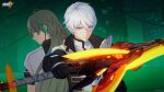  2boys back-to-back bangs black_coat black_gloves blue_eyes brown_hair closed_mouth coat commentary_request earrings gloves glowing glowing_sword glowing_weapon green_eyes highres holding holding_sword holding_weapon honkai_(series) honkai_impact_3rd jewelry kevin_kaslana long_hair long_sleeves looking_at_viewer looking_back multiple_boys official_art shirt single_earring su_(honkai_impact) sword weapon white_hair white_shirt 