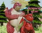  2022 3d_(artwork) albalbalb anthro belly big_penis carriage crossed_arms demon devil_(giana_sisters) digital_media_(artwork) dragon duo english_text erection fir_tree genitals giana_sisters grass grin gurglewocky_(giana_sisters) huge_penis humanoid hyper hyper_genitalia hyper_penis jewelry looking_down looking_down_at_partner male male/male navel necklace nipples penis plant red_body red_skin scalie scared size_difference small_wings smile standing text wings 