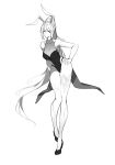  1girl absurdres animal_ears bo_peng collarbone douluo_dalu full_body greyscale hair_ornament hand_on_hip high_heels highres looking_at_viewer monochrome pantyhose ponytail rabbit_ears sketch smile solo white_background xiao_wu_(douluo_dalu) 