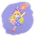  american_flag_dress american_flag_legwear asymmetry blonde_hair dress full_body hat holding kigoto5 long_hair one-hour_drawing_challenge outstretched_arm pantyhose purple_background red_eyes short_sleeves star_(symbol) star_print striped striped_dress touhou 
