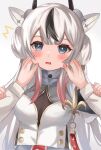 1girl azur_lane blush breasts cheek_pinching commentary_request grey_hair hair_between_eyes hair_ornament highres l&#039;indomptable_(azur_lane) long_hair looking_at_viewer open_mouth pinching pov pov_hands simple_background small_breasts solo solo_focus uniform watage_tanpopo white_background 