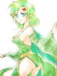  1girl aged_up ass blue_eyes breasts cape cleavage detached_sleeves earrings final_fantasy final_fantasy_iv green_hair hair_ornament inaba_tomoe jewelry long_hair looking_at_viewer rydia_(ff4) simple_background solo thighhighs white_background 