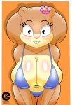  absurd_res anthro bent_over big_breasts bikini blush breasts buckteeth clothed clothing cranebear female hi_res looking_at_viewer mammal multicolored_body navel nickelodeon nipple_outline rodent sandy_cheeks sciurid simple_background skimpy smile solo spongebob_squarepants swimwear teeth two_tone_body 