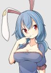  1girl animal_ears blue_dress blue_hair breasts cleavage dress earclip hekkmushi highres large_breasts moon_rabbit rabbit_ears red_eyes seiran_(touhou) simple_background smile solo touhou 
