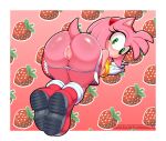  2022 absurd_res amy_rose anthro anus black_nose butt clothing delicioussoup digital_media_(artwork) eulipotyphlan eyelashes female food fruit genitals green_eyes hedgehog hi_res looking_at_viewer looking_back mammal panties plant pussy rear_view sega solo sonic_the_hedgehog_(series) strawberry underwear 