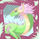  abstract_background asian_mythology dragon east_asian_mythology eastern_dragon female feral green_body hair horn looking_at_another mythology naya_(nuree_art) nuree_art pattern_background pink_eyes pink_hair simple_background solo yellow_body yellow_horn 
