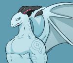  ambiguous_gender anthro blue_body blue_eyes dynogreeno horn long_horn long_neck male muscular muscular_anthro muscular_male reptile scalie smug solo tattoo tongue tongue_out wings 