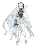  1girl blue_bow blue_eyes blush bow breasts closed_mouth crown fate/grand_order fate_(series) flower grey_hair large_breasts long_hair looking_at_viewer morgan_le_fay_(fate) solo standing starshadowmagician swimsuit very_long_hair white_bow white_flower white_footwear 