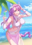  1girl akashic_chronicle bangs beach blue_sky braid breasts closed_mouth cloud cloudy_sky cup drinking_straw earrings flower food fruit hair_ornament highres holding holding_cup jewelry juice large_breasts lemon lemon_slice long_hair looking_at_viewer lyq1993 one-piece_swimsuit outdoors pink_eyes pink_hair sky smile solo swimsuit twin_braids water white_flower white_one-piece_swimsuit 