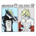  aetherioux_(nuree_art) anthro aquatic_dragon biceps blonde_hair blue_body blue_horn claws clothed clothed/nude clothing crop_top dragon duo facepalm fangs fish hair hancks_(nuree_art) horn hybrid jewelry looking_at_another male marine meme muscular muscular_male necklace nude nuree_art scalie scarf shark shirt shirt_cut_meme simple_background spikes topwear western_dragon white_body 
