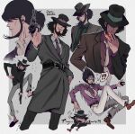  !? 1boy angry black_eyes black_hair chibi cigarette clenched_teeth gun hat highres jigen_daisuke lupin_iii male_focus meppi pose revolver short_hair smile smoking teeth tripping weapon 