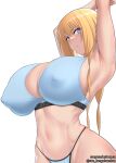  1girl armpits arms_up blonde_hair blue_eyes breasts cleavage highleg highleg_panties highres large_breasts long_hair looking_at_viewer low-tied_long_hair navel original panties solo sports_bra sueyuu underwear 