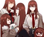  &gt;_&lt; 1girl absurdres black_pantyhose black_shorts blue_eyes brown_hair closed_eyes closed_mouth commentary dress_shirt english_commentary expressions highres holding holding_clothes holding_jacket holeecrab jacket jacket_removed long_hair makise_kurisu multiple_views necktie open_mouth pantyhose pocket red_necktie shirt shorts smile steins;gate teeth white_shirt 