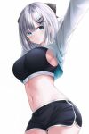  1girl absurdres bangs black_shorts black_sports_bra blue_eyes breasts closed_mouth cowboy_shot grey_hair hair_ornament highres kaga_sumire large_breasts long_sleeves medium_hair navel riri_yo shorts simple_background smile solo sports_bra standing stomach virtual_youtuber vspo! white_background x_hair_ornament 