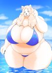  5_fingers anthro atherbirochi belly big_breasts bikini biped black_nose black_pawpads blonde_hair blue_bikini blue_bottomwear blue_clothing blue_eyes blue_swimwear blue_topwear blush bottomwear breasts chest_tuft cleavage clothed clothing cloud colored curvy_figure day detailed_background digital_media_(artwork) eyelashes female fingers front_view fur hair hand_behind_head hi_res huge_breasts humanoid_hands kemono long_hair looking_at_viewer mammal midriff monotone_body monotone_ears monotone_fur monotone_hair navel open_mouth open_smile outside overweight overweight_anthro overweight_female partially_submerged partially_submerged_legs pawpads polar_bear portrait sea shaded skimpy sky smile solo standing swimwear thick_thighs three-quarter_portrait tongue topwear tuft ursid ursine voluptuous water white_body white_ears white_fur white_inner_ear wide_hips 