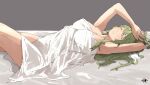  1girl absurdres bangs bed_sheet breasts closed_eyes commentary covered_nipples english_commentary fire_emblem fire_emblem_awakening green_hair hair_between_eyes highres indoors large_breasts long_hair lying naked_sheet on_bed sakuremi signature sleeping solo tiki_(fire_emblem) under_covers 