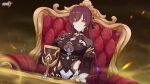  1girl bangs breasts chalice cleavage closed_mouth dress eden_(honkai_impact) hair_ornament highres honkai_(series) honkai_impact_3rd large_breasts long_hair long_sleeves looking_at_viewer official_art purple_dress purple_hair sitting table throne yellow_eyes 