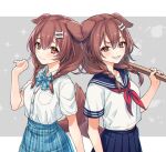  2girls :3 animal_ears bangs blue_sailor_collar blue_skirt bone_hair_ornament bow bowtie braid breast_pocket brown_eyes brown_hair closed_mouth commentary_request dog_ears dog_girl dog_tail dual_persona grin hair_ornament highres holding hololive inugami_korone looking_at_viewer multiple_girls neckerchief pleated_skirt pocket red_neckerchief ria_(lya_s2) sailor_collar school_uniform serafuku shirt short_sleeves simple_background skirt smile sparkle tail twin_braids virtual_youtuber white_shirt 