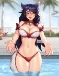  1girl ahri_(league_of_legends) alternate_costume animal_ears bangs bare_shoulders bikini black_hair blushyspicy braum_(league_of_legends) breasts cleavage day facial_mark fox_ears fox_tail highres large_breasts league_of_legends long_hair looking_at_viewer navel outdoors pool poro_(league_of_legends) smile solo_focus standing swimsuit tail wading whisker_markings 