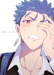  1boy alternate_costume artist_name blue_hair blush collared_shirt cu_chulainn_(fate) cu_chulainn_(fate/stay_night) fate/extella fate/extella_link fate/extra fate/grand_order fate/hollow_ataraxia fate/stay_night fate_(series) ku_ra_da long_hair looking_at_viewer male_focus ponytail red_eyes shirt simple_background solo spiked_hair sweat teeth upper_body white_background white_shirt 