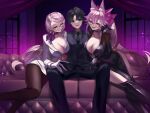  1boy 2girls absurdres animal_ears bangs black_hair black_suit blue_eyes bodysuit breast_press breasts cleavage commentary commentary_request couch earrings fate/grand_order fate_(series) formal fox_ears fujimaru_ritsuka_(male) girl_sandwich glasses hair_between_eyes hair_ribbon hand_on_another&#039;s_thigh hand_on_another&#039;s_waist hetero highres jewelry kansya koyanskaya_(assassin)_(first_ascension)_(fate) koyanskaya_(fate) koyanskaya_(foreigner)_(first_ascension)_(fate) large_breasts long_hair multiple_girls on_couch open_mouth pantyhose pencil_skirt pink_hair ribbon sandwiched shirt skirt smile suit swept_bangs tamamo_(fate) white_shirt white_skirt yellow_eyes 