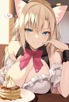  1girl animal_ears blonde_catgirl_(oota_yuuichi) blonde_hair blue_eyes breasts breasts_out cat_ears dessert food highres large_breasts long_hair looking_at_viewer maid ohta_yuichi original pancake ribbon smile solo 