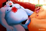  2022 anthro balls belly big_belly blue_body dober duo erection eyes_closed fish-men_(one_piece) genitals hi_res human jinbe male male/male mammal marine moobs nipples obese obese_male one_piece overweight overweight_male penis tongue tongue_out 