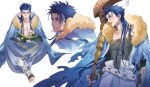  1boy abs absurdres armor belt black_gloves blood blood_on_face blue_capelet blue_hair blue_hood blush book bracelet capelet closed_mouth commentary_request cu_chulainn_(caster)_(fate) cu_chulainn_(fate) earrings fate/grand_order fate_(series) fingerless_gloves fur-trimmed_hood fur_trim gloves gold_trim greaves harem_pants highres holding holding_book hood hood_down hooded_capelet jewelry kuzen long_hair looking_at_viewer looking_away looking_back male_focus multiple_earrings multiple_piercings multiple_views no_shirt open_mouth pants reading red_eyes simple_background smile smoke smoking spiked_hair staff toeless_footwear toned toned_male vambraces weapon white_background white_belt wooden_staff 