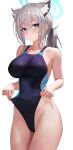  1girl absurdres adjusting_clothes animal_ear_fluff animal_ears bangs bare_arms bare_shoulders black_one-piece_swimsuit blue_archive blue_eyes blush breasts closed_mouth competition_swimsuit cowboy_shot cross_hair_ornament extra_ears grey_hair groin hair_ornament halo highleg highleg_swimsuit highres large_breasts long_hair looking_at_viewer mismatched_pupils one-piece_swimsuit sawatari_kazuma shiroko_(blue_archive) shiroko_(swimsuit)_(blue_archive) sidelocks simple_background solo swimsuit thighs two-tone_swimsuit white_background 