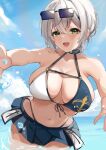  1girl :d absurdres anchor_print bangs beach bikini blunt_bangs blurry blush breasts cleavage collarbone day green_eyes grey_hair highres hololive large_breasts long_hair looking_at_viewer navel neko_no_suke_(nekoneco118) ocean official_alternate_costume open_mouth outdoors outstretched_arms revision scrunchie shirogane_noel smile solo splashing swimsuit teeth upper_body upper_teeth very_long_hair virtual_youtuber water_drop wrist_scrunchie 