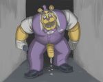  2022 animatronic anthro bodily_fluids bottomwear bow_tie clothed clothing creepy digital_media_(artwork) dripping eyebrows five_nights_at_freddy&#039;s footwear fredbear_(fnaf) fully_clothed genital_fluids genitals gloves handwear hat headgear headwear holding_microphone holding_object humanoid_genitalia humanoid_penis leafghost looking_at_viewer machine male mammal microphone open_mouth pants penis penis_through_fly poking_out precum precum_drip precum_on_ground robot scary scottgames shirt shoes solo topwear ursid vest video_games 