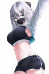  1girl absurdres bangs black_shorts black_sports_bra blue_eyes breasts cowboy_shot grey_hair hair_ornament highres kaga_sumire large_breasts long_sleeves mask medium_hair mouth_mask navel riri_yo shorts simple_background solo sports_bra standing stomach virtual_youtuber vspo! white_background x_hair_ornament 